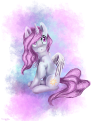 Size: 2200x2800 | Tagged: safe, artist:wingsterwin, princess celestia, g4, cewestia, female, filly, high res, pink-mane celestia, raised hoof, sitting, solo, younger