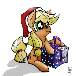 Size: 4000x4000 | Tagged: safe, artist:ohiekhe, applejack, earth pony, pony, g4, female, hat, mare, present, santa hat, simple background, solo, tongue out, white background