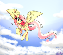 Size: 2917x2557 | Tagged: safe, artist:kousagi-hime, fluttershy, butterfly, g4, cloud, female, flying, high res, impossibly long mane, long mane, solo