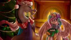 Size: 1024x576 | Tagged: safe, artist:ginja-hime, discord, princess celestia, g4, :o, christmas tree, clothes, female, fireplace, hair bow, hat, male, present, santa hat, scarf, ship:dislestia, shipping, sitting, spread wings, straight, tree, wide eyes