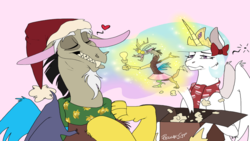 Size: 1024x576 | Tagged: safe, artist:reggaecyp, discord, princess celestia, g4, clothes, discord being discord, discord lamp, female, grin, hair bow, hat, male, present, santa hat, scarf, ship:dislestia, shipping, straight