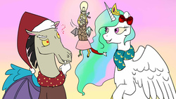 Size: 1280x720 | Tagged: safe, artist:hirundoarvensis, discord, princess celestia, g4, clothes, female, hair bow, hat, lamp, male, santa hat, scarf, ship:dislestia, shipping, straight