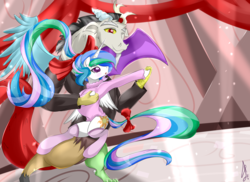 Size: 1200x875 | Tagged: safe, artist:siranarchy95, discord, princess celestia, g4, clothes, dancing, female, hair bow, male, ship:dislestia, shipping, shirt, socks, straight, tail bow