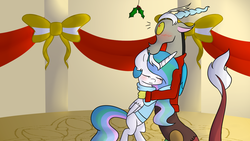 Size: 1280x720 | Tagged: safe, artist:candyaicdraw, discord, princess celestia, g4, blushing, clothes, dancing, eyes closed, female, holly, holly mistaken for mistletoe, male, ship:dislestia, shipping, shirt, straight