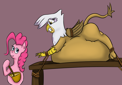 Size: 1000x697 | Tagged: safe, artist:8aerondight8, gilda, pinkie pie, earth pony, griffon, pony, g4, fat, female, gildough, impossibly large belly, mare, stuffed, table, thanksgiving