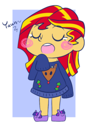 Size: 480x656 | Tagged: safe, artist:typhwosion, sunset shimmer, equestria girls, g4, chibi, christmas sweater, clothes, female, simple background, slippers, solo, sweater, transparent background, twily slippers, yawn