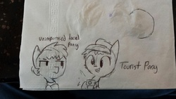 Size: 1280x720 | Tagged: safe, artist:tjpones, oc, oc only, pony, black and white, camera, grayscale, hat, monochrome, napkin, sketch, tourist, traditional art, unimpressed