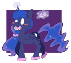 Size: 867x768 | Tagged: safe, artist:typhwosion, princess luna, alicorn, pony, g4, blush sticker, blushing, clothes, donut, female, food, simple background, slippers, solo, transparent background