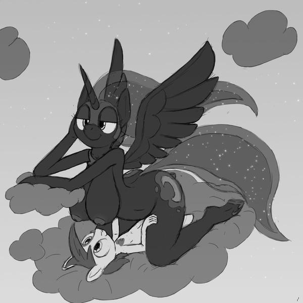 1049921 - explicit, artist:tg-0, nightmare moon, pipsqueak, princess luna,  anthro, age difference, bedroom eyes, big breasts, breasts, cloud, cowgirl  position, cute, cute porn, female, foalcon, implied sex, lunapip, lying,  male, mare on