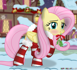 Size: 1468x1344 | Tagged: safe, artist:shutterflyeqd, fluttershy, pony, g4, blushing, christmas, clothes, coat, female, looking at you, mistletoe, mouth hold, night, ponyville, signature, snow, socks, solo, striped socks