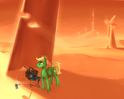 Size: 2500x2000 | Tagged: safe, artist:madhotaru, oc, oc only, pegasus, pony, fallout equestria, cooking, desert, high res, hot, looking away, looking up, saddle bag, sand, solo, wind turbine, wind turbine generator