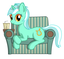 Size: 1458x1354 | Tagged: safe, artist:negasun, lyra heartstrings, pony, unicorn, g4, armchair, chair, couch, female, food, horn, looking at you, mare, prone, simple background, soda, solo, transparent background