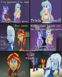 Size: 774x960 | Tagged: safe, edit, edited screencap, screencap, princess celestia, princess luna, principal celestia, sunset shimmer, trixie, equestria girls, g4, my little pony equestria girls: rainbow rocks, comic, meme, spanish, translated in the comments