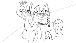 Size: 1024x584 | Tagged: safe, artist:bumfteeny, diamond tiara, silver spoon, earth pony, pony, g4, duo, female, filly, glasses, jewelry, monochrome, necklace, raised hoof, sketch