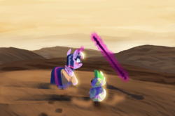 Size: 1500x1000 | Tagged: safe, artist:talonsofwater, spike, twilight sparkle, alicorn, pony, g4, bb-8, blushing, clothes, crossover, desert, female, levitation, magic, mare, raised hoof, rey, smiling, star wars, star wars: the force awakens, telekinesis, twilight sparkle (alicorn)