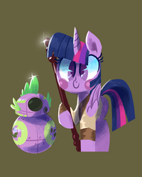 Size: 1200x1500 | Tagged: safe, artist:talonsofwater, spike, twilight sparkle, alicorn, pony, g4, bb-8, blushing, clothes, crossover, cute, female, mare, raised hoof, rey, smiling, star wars, star wars: the force awakens, twiabetes, twilight sparkle (alicorn)