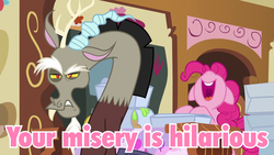 Size: 960x540 | Tagged: safe, edit, edited screencap, screencap, discord, pinkie pie, g4, make new friends but keep discord, image macro, meme, pink text