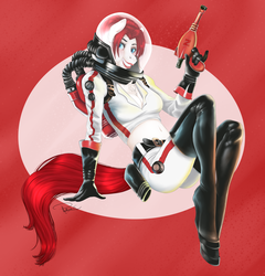 Size: 4186x4363 | Tagged: safe, artist:phathusa, oc, oc only, oc:big red, earth pony, anthro, unguligrade anthro, absurd resolution, belly button, boots, breasts, fallout, female, gun, jetpack, latex, midriff, nuka girl, pinup, pose, retro, smiling, spacesuit, weapon, zeerust