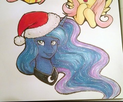 Size: 2581x2147 | Tagged: safe, artist:askbubblelee, fluttershy, princess luna, g4, hat, heart, heart eyes, high res, santa hat, traditional art, wingding eyes