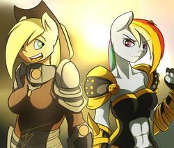 Size: 2000x1700 | Tagged: safe, artist:jamesjackobgermany, applejack, rainbow dash, anthro, g4, abs, armor, breasts, busty applejack, busty rainbow dash, duo, female, midriff, unconvincing armor