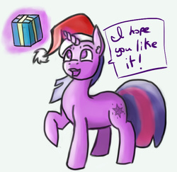 Size: 573x558 | Tagged: safe, artist:post-it, twilight sparkle, g4, chat bubble, christmas, female, gift giving, hat, present, santa hat, simple background, solo, white background