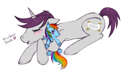 Size: 600x356 | Tagged: safe, artist:tinuleaf, rainbow dash, written script, pony, unicorn, g4, blushing, cute, doll, female, simple background, sleeping, solo, toy, white background, writtendash