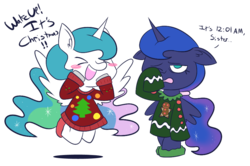 Size: 887x590 | Tagged: safe, artist:typhwosion, princess celestia, princess luna, alicorn, semi-anthro, g4, :d, ><, christmas, christmas sweater, clothes, duo, excited, eyes closed, floppy ears, holiday, open mouth, open smile, simple background, sleepy, smiling, sweater, transparent background