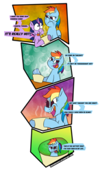 Size: 689x1159 | Tagged: dead source, safe, artist:sneshpone, rainbow dash, twilight sparkle, g4, comic, food, hot, narcissism, pun, reflection, soup