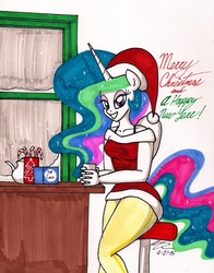 Size: 1349x1720 | Tagged: safe, artist:newyorkx3, princess celestia, anthro, g4, candy, candy cane, chocolate, christmas, female, food, hat, hot chocolate, santa hat, solo, traditional art