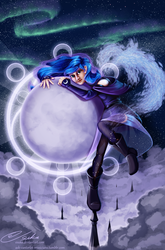 Size: 1385x2098 | Tagged: safe, artist:esuka, princess luna, human, g4, aurora borealis, boots, clothes, crepuscular rays, female, humanized, moon, pantyhose, shirt, skirt, solo, tangible heavenly object