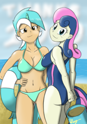 Size: 700x1000 | Tagged: safe, artist:multitazker, bon bon, lyra heartstrings, sweetie drops, human, g4, ass, beach, belly button, bikini, butt, clothes, duo, horn, horned humanization, humanized, inner tube, looking at you, looking back, one-piece swimsuit, swimsuit, tailed humanization