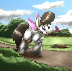 Size: 2949x2881 | Tagged: safe, artist:otakuap, oc, oc only, oc:aggie, butterfly, earth pony, pony, armor, bow, cloud, cute, fantasy class, featured image, female, grass, hair bow, head tilt, high res, knight, mare, open mouth, raised hoof, sky, smiling, solo, tree, warrior