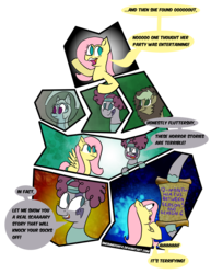Size: 1411x1825 | Tagged: safe, artist:sneshpone, applejack, fluttershy, pinkie pie, g4, scare master, applelion, astrodash, clothes, comic, costume, fourth wall, nightmare night costume, no pupils, pinkie puffs