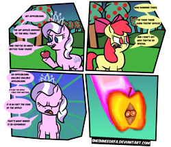 Size: 1353x1162 | Tagged: safe, artist:sneshpone, apple bloom, diamond tiara, earth pony, pony, g4, apple, apple core, comic, duo, duo female, female, filly, food, meta, no pupils, pun