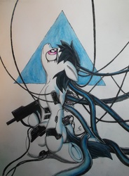 Size: 3040x4133 | Tagged: safe, artist:scribblepwn3, cyborg, earth pony, pony, crossover, ghost in the shell, gun, looking up, motoko kusanagi, pen drawing, solo, traditional art, watercolor painting, weapon
