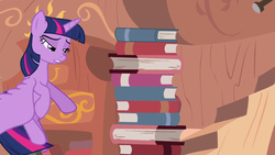 Size: 1280x720 | Tagged: safe, screencap, twilight sparkle, alicorn, pony, castle mane-ia, g4, book, female, layering error, mare, out of context, solo, that pony sure does love books, twilight sparkle (alicorn)
