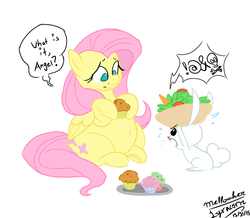Size: 810x706 | Tagged: safe, anonymous artist, artist:mellowhen, angel bunny, fluttershy, adorafatty, angry, belly, censored vulgarity, cute, fat, fattershy, food, grawlixes, herbivore, muffin, overweight, salad, weight gain
