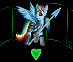 Size: 1400x1200 | Tagged: safe, artist:frecklesfanatic, rainbow dash, g4, armor, crossover, female, rainbowdyne, solo, spear, spoilers for another series, undertale, undyne, video game, weapon