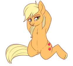 Size: 550x494 | Tagged: safe, artist:lulubell, applejack, earth pony, pony, g4, alternate hairstyle, armpits, chest fluff, featureless crotch, female, hooves behind head, kneeling, looking at you, mare, pubic fluff, simple background, solo, sultry pose, transparent background, unshorn fetlocks