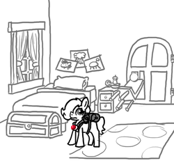Size: 640x600 | Tagged: safe, artist:ficficponyfic, oc, oc only, oc:emerald jewel, colt quest, barricade, bed, bedroom, colt, cyoa, drawing, escape, explicit source, foal, male, story included, trunk