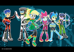 Size: 1600x1131 | Tagged: safe, artist:jucamovi1992, bon bon, derpy hooves, flash sentry, lyra heartstrings, microchips, sandalwood, sweetie drops, equestria girls, g4, my little pony equestria girls: friendship games, archery, archery clothes, arrow, bow (weapon), female, male, motocross outfit, motorcross, outfit, roller skates, wondercolts