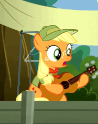 Size: 421x530 | Tagged: safe, screencap, applejack, earth pony, pony, g4, the mane attraction, adorkable, animated, cute, dork, female, filly, filly applejack, freckles, guitar, hat, hoof hold, jackabetes, open mouth, sitting, smiling, solo focus, wide eyes, younger