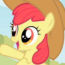 Size: 576x574 | Tagged: safe, screencap, apple bloom, earth pony, pony, g4, adorabloom, applejack's hat, cowboy hat, cropped, cute, female, filly, happy, hat, open mouth, raised hoof, smiling, solo