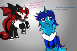 Size: 1200x799 | Tagged: safe, artist:solratic, oc, oc only, oc:light shine, oc:lilith, pony, succubus, unicorn, clothes, colored, female, jacket, lilight, male, mare, stallion, stockings, succupony, wings