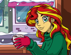 Size: 1650x1275 | Tagged: safe, artist:latecustomer, sunset shimmer, equestria girls, g4, chocolate, cup, female, food, hot chocolate, looking at you, snow, snowfall, solo
