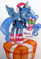 Size: 1255x1776 | Tagged: artist needed, safe, princess luna, g4, christmas, clothes, crown, female, hat, holiday, jewelry, peytral, present, regalia, santa hat, simple background, socks, solo, spread wings, striped socks, tongue out, traditional art, white background, wings