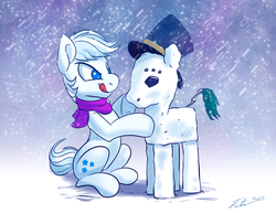 Size: 900x696 | Tagged: safe, artist:tsitra360, double diamond, earth pony, pony, g4, :p, clothes, hat, male, scarf, sitting, snow, snowfall, snowpony, solo, stallion, tongue out, top hat, winter