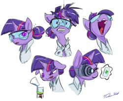 Size: 1280x1051 | Tagged: safe, artist:tsitra360, sci-twi, smooze, twilight sparkle, alternate hairstyle, beaker, erlenmeyer flask, female, goggles, gritted teeth, open mouth, science, sketch dump, solo, unicorn sci-twi