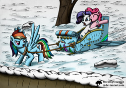 Size: 1000x703 | Tagged: safe, artist:rockingscorpion, pinkie pie, rainbow dash, rarity, g4, eyes closed, frown, hug, it's a pony kind of christmas, jingle bells, looking back, open mouth, ready to fly, scared, signature, sleigh, smiling, smirk, snow, spread wings, wide eyes