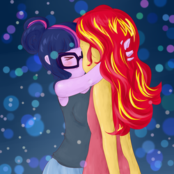 Size: 800x800 | Tagged: safe, artist:usagitoxic, sci-twi, sunset shimmer, twilight sparkle, equestria girls, g4, clothes, duo, eyes closed, female, kissing, lesbian, ship:sci-twishimmer, ship:sunsetsparkle, shipping, tank top